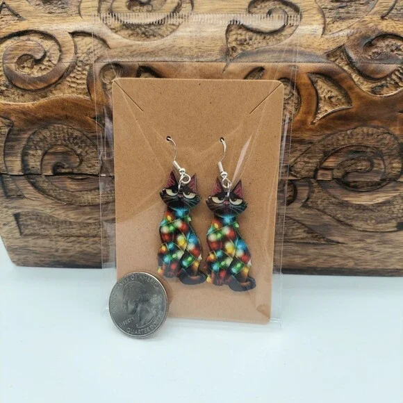 Christmas Cat Earrings Christmas Earrings - Picture 2 of 2